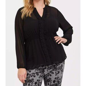 Torrid Black Smocked Ruffle Blouse Size 2 2X Semi Sheer Long Sleeve NWT